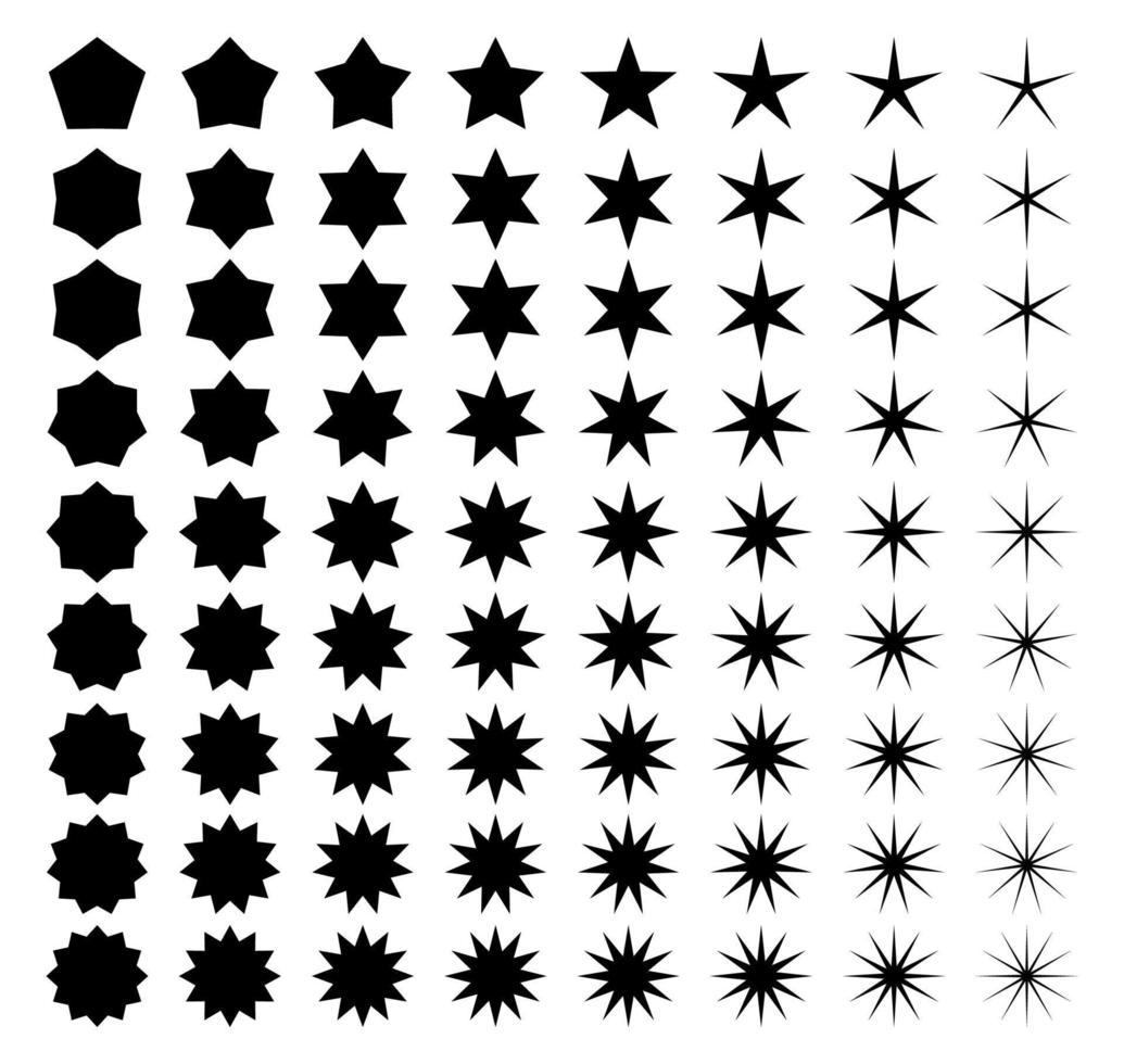 schwarz Sterne einstellen mit anders Winkel. geometrisch Star Abzeichen. vektor