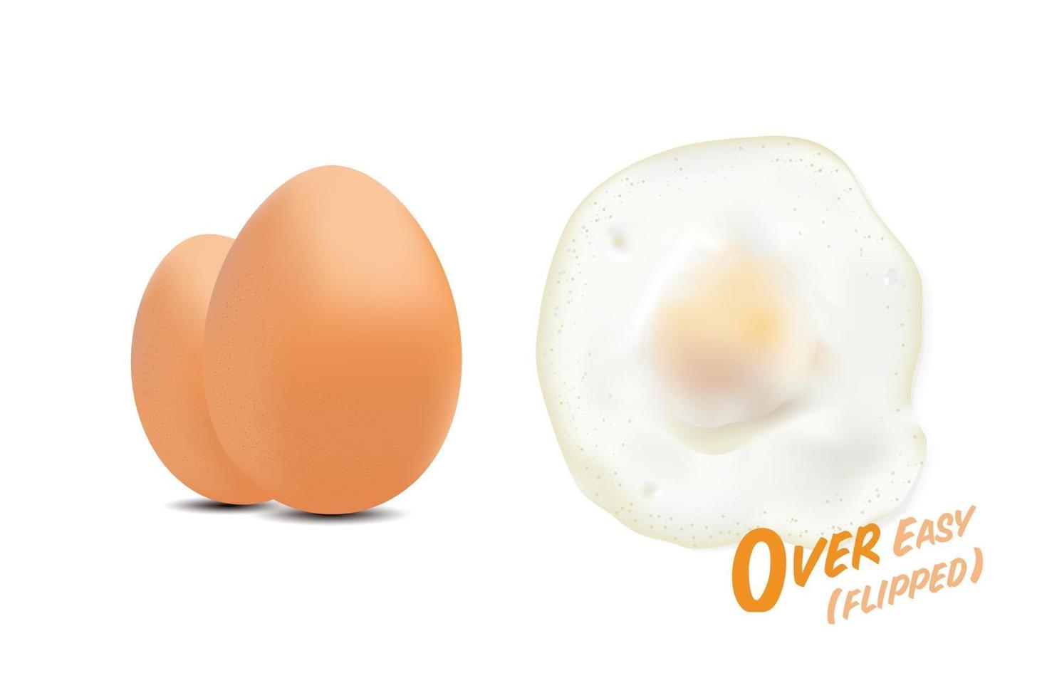 stekt ägg vänt med rå ägg bild, i över enkel grundläggande stil nivå av doneness, vektorillustration på vit bakgrund. vektor