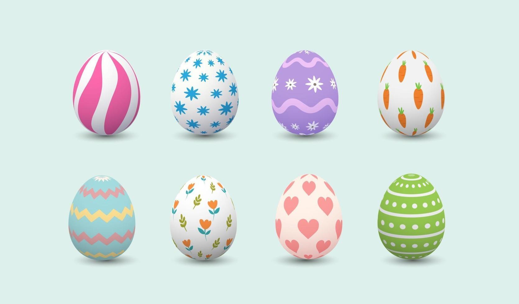 Satz realistische glückliche Ostereier mit unterschiedlicher Textur oder Muster auf weißem Hintergrund. niedliche Eiervektor am Frühlingsurlaub vektor