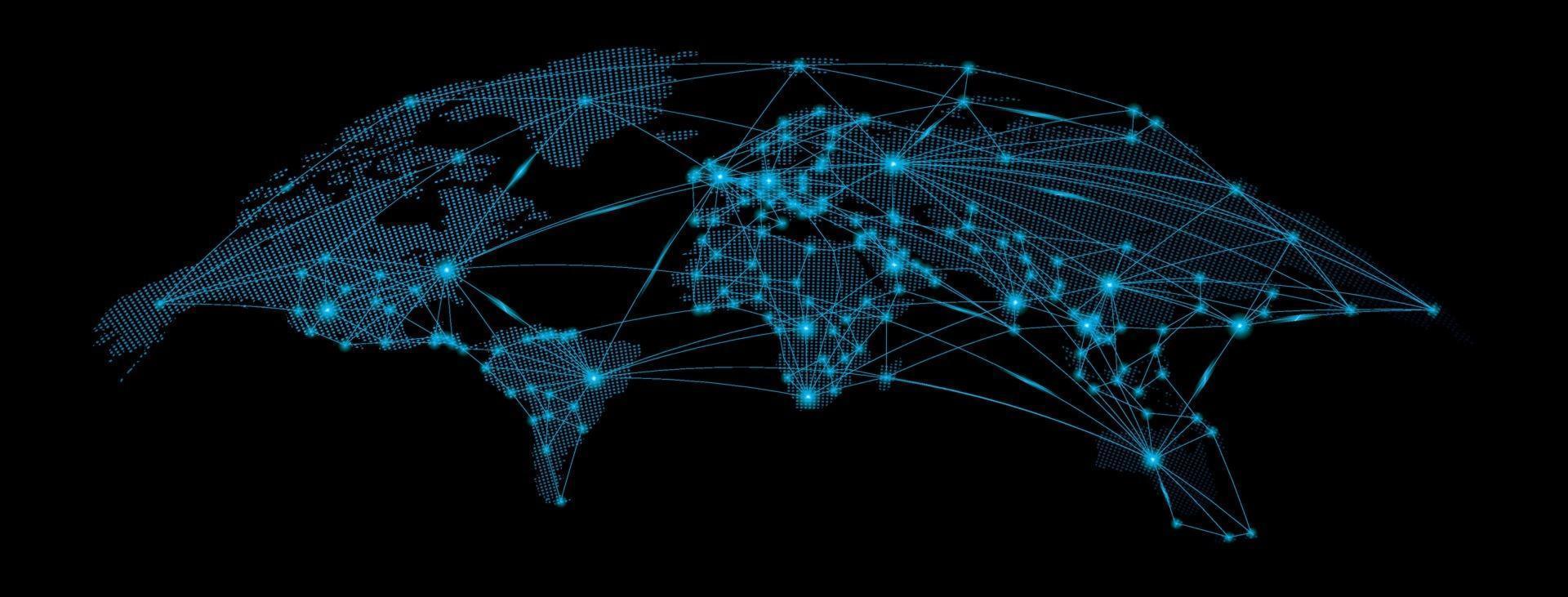 världskarta med kurva. globalt socialt nätverk. blå futuristisk bakgrund med planeten jorden. internet och teknik geometrisk bakgrund med ljuspunktslinjer. vektor