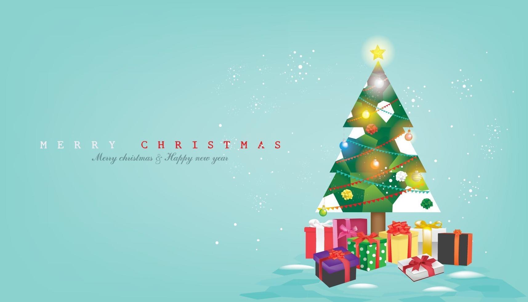 Weihnachtsbaum mit Buntglasfenster auf dem Minzhintergrund, verziert mit Weihnachtskugeln, Bändern, Partyflaggen, glänzendem Stern, Schneeflocken, Vektorillustration für Flieger, Fahne usw. vektor