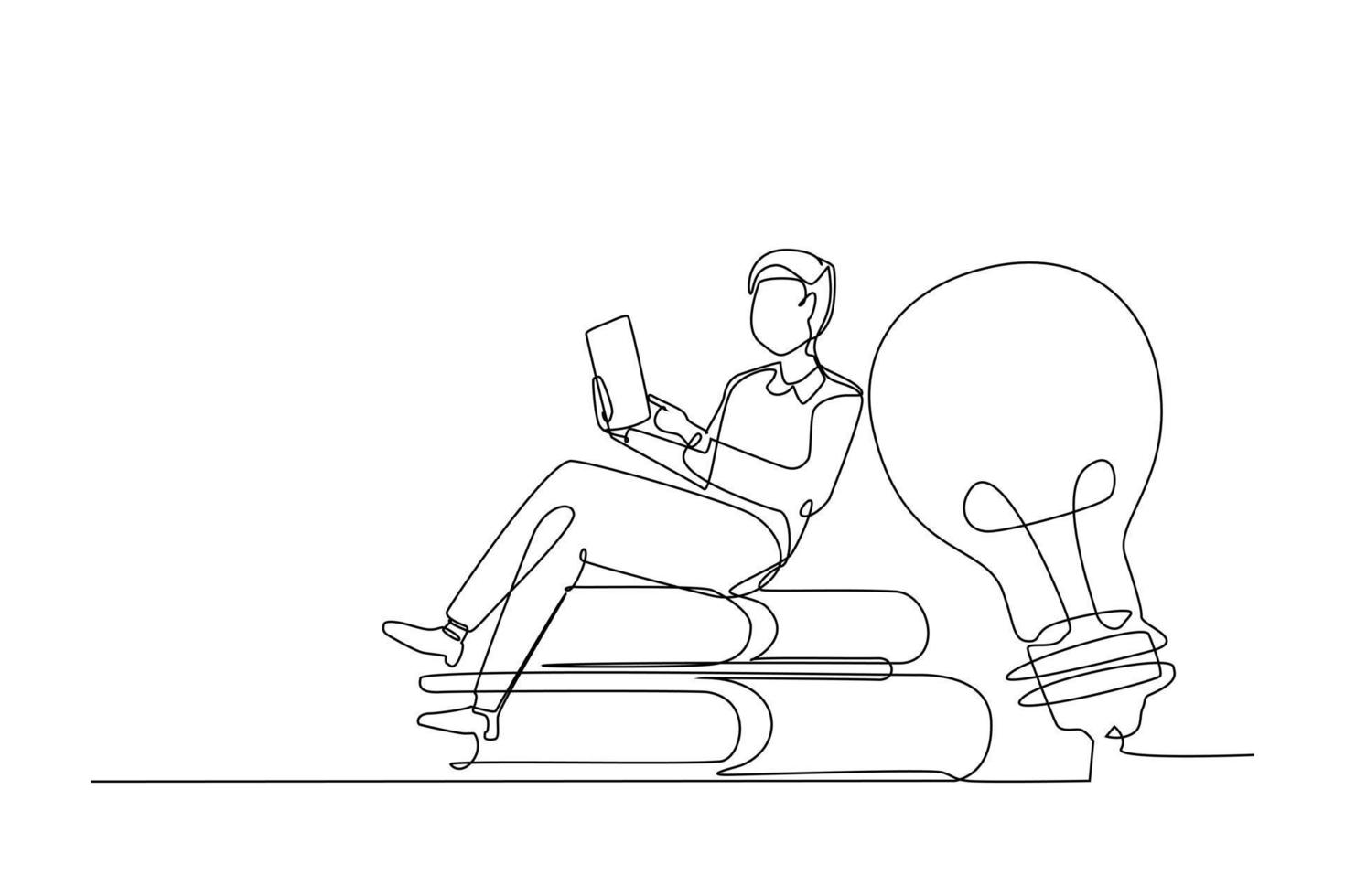 Mann Sitzung auf ein Stapel von Buch während lesen zu erhalten das Wissen und Idee. Single kontinuierlich Linie Zeichnung Vektor Illustration zum lehrreich Design Konzept