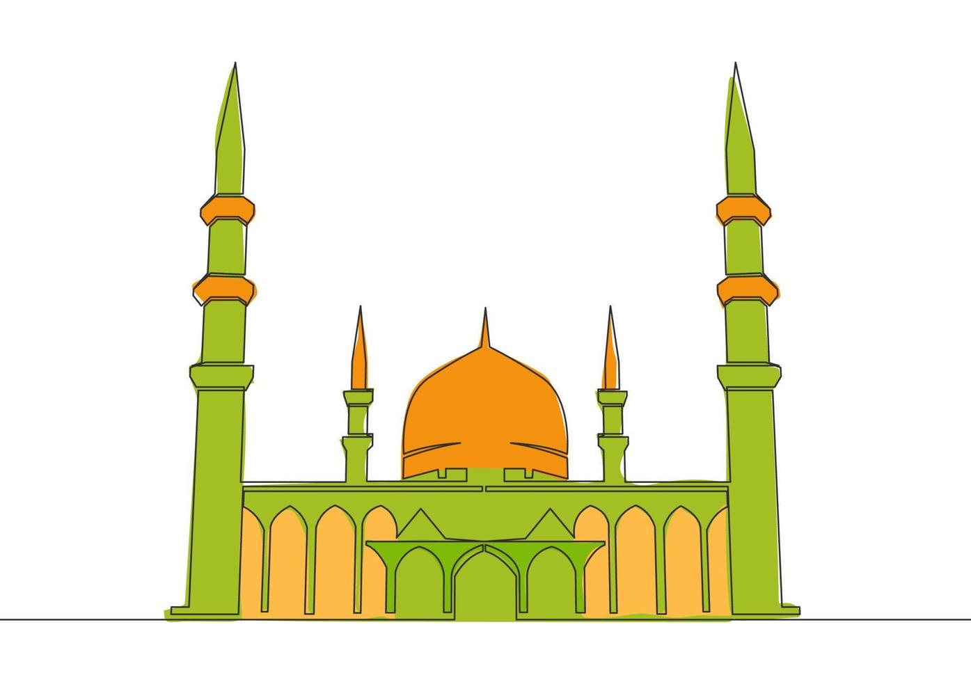 einer kontinuierlich Linie Zeichnung von islamisch historisch Wahrzeichen Masjid oder Moschee. das uralt Gebäude Das funktioniert wie ein Platz von Anbetung zum Muslim Person Konzept Single Linie zeichnen Design Vektor Illustration