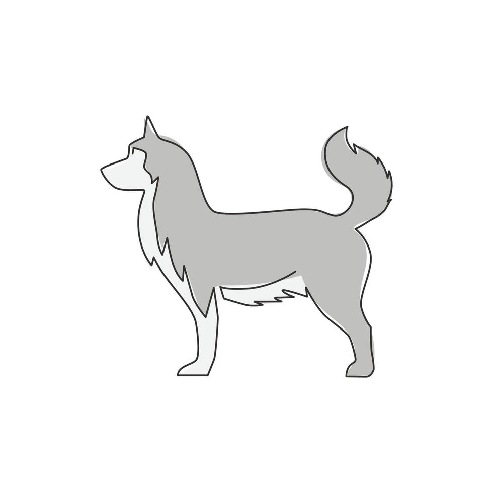 enda kontinuerlig linjeteckning av enkla söta siberian husky hundvalp ikon. sällskapsdjur logotyp emblem vektor koncept. trendiga en rad rita grafisk design illustration