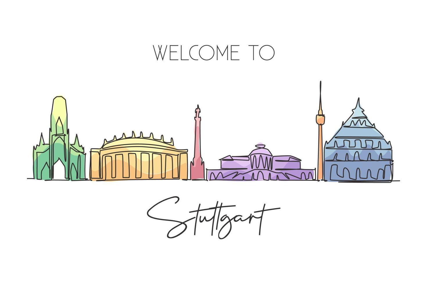 Single kontinuierlich Linie Zeichnung von Stuttgart Stadt Horizont, Deutschland. berühmt Wolkenkratzer Landschaft. Welt Reise Zuhause Kunst Mauer Dekor Poster drucken Konzept. modern einer Linie zeichnen Design Vektor Illustration