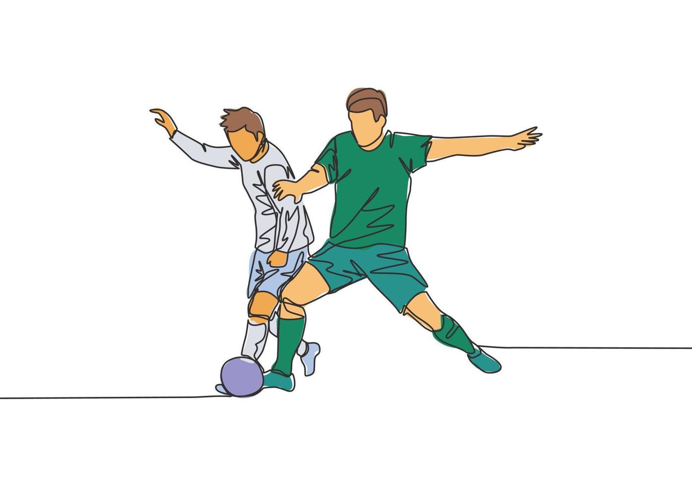 enda kontinuerlig linje teckning av ung energisk fotboll spelare stridande för de boll på de konkurrens spel. fotboll match sporter begrepp. ett linje dra design vektor illustration