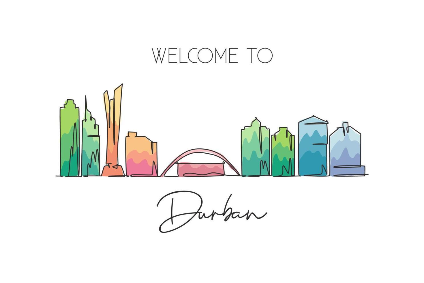 en enda linjeritning av durban city skyline, Sydafrika. världshistorisk stad landskap vägg dekor affischtryck. bästa semestermålet. trendiga kontinuerlig linje rita design vektorillustration vektor