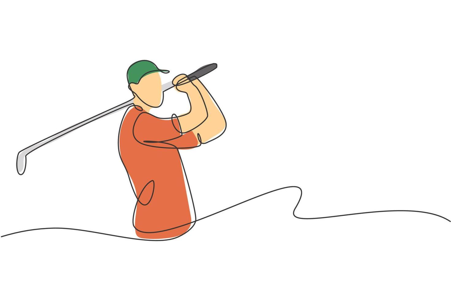 en kontinuerlig linjeteckning av ung golfspelare svingar golfklubban och slår bollen. fritid sport koncept. dynamisk en rad rita design grafisk vektorillustration för turneringsfrämjande media vektor