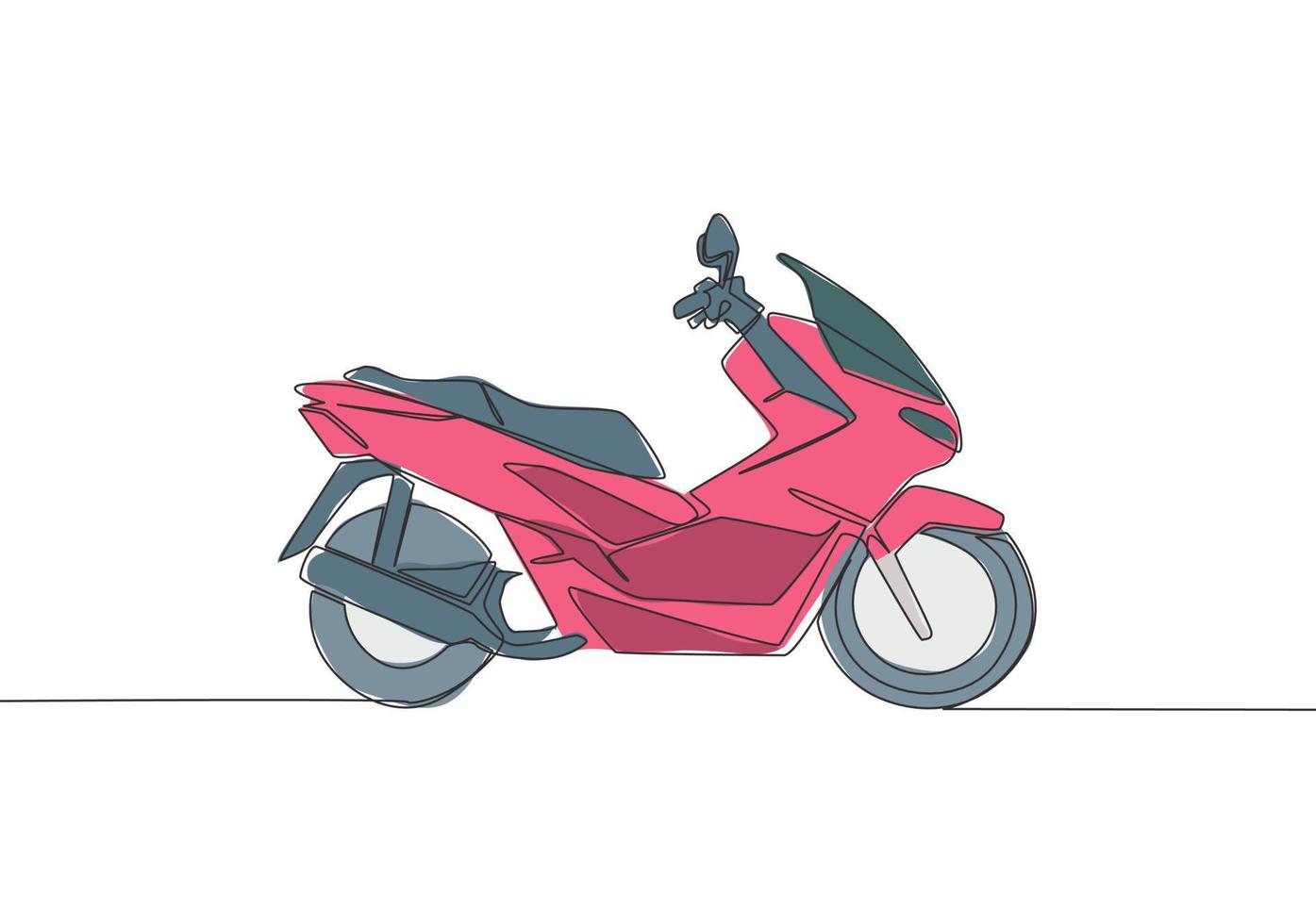 einer kontinuierlich Linie Zeichnung von modern Luxus asiatisch Unterbein Motorrad Logo. groß automatisch Motorrad Konzept. Single Linie zeichnen Design Vektor Illustration