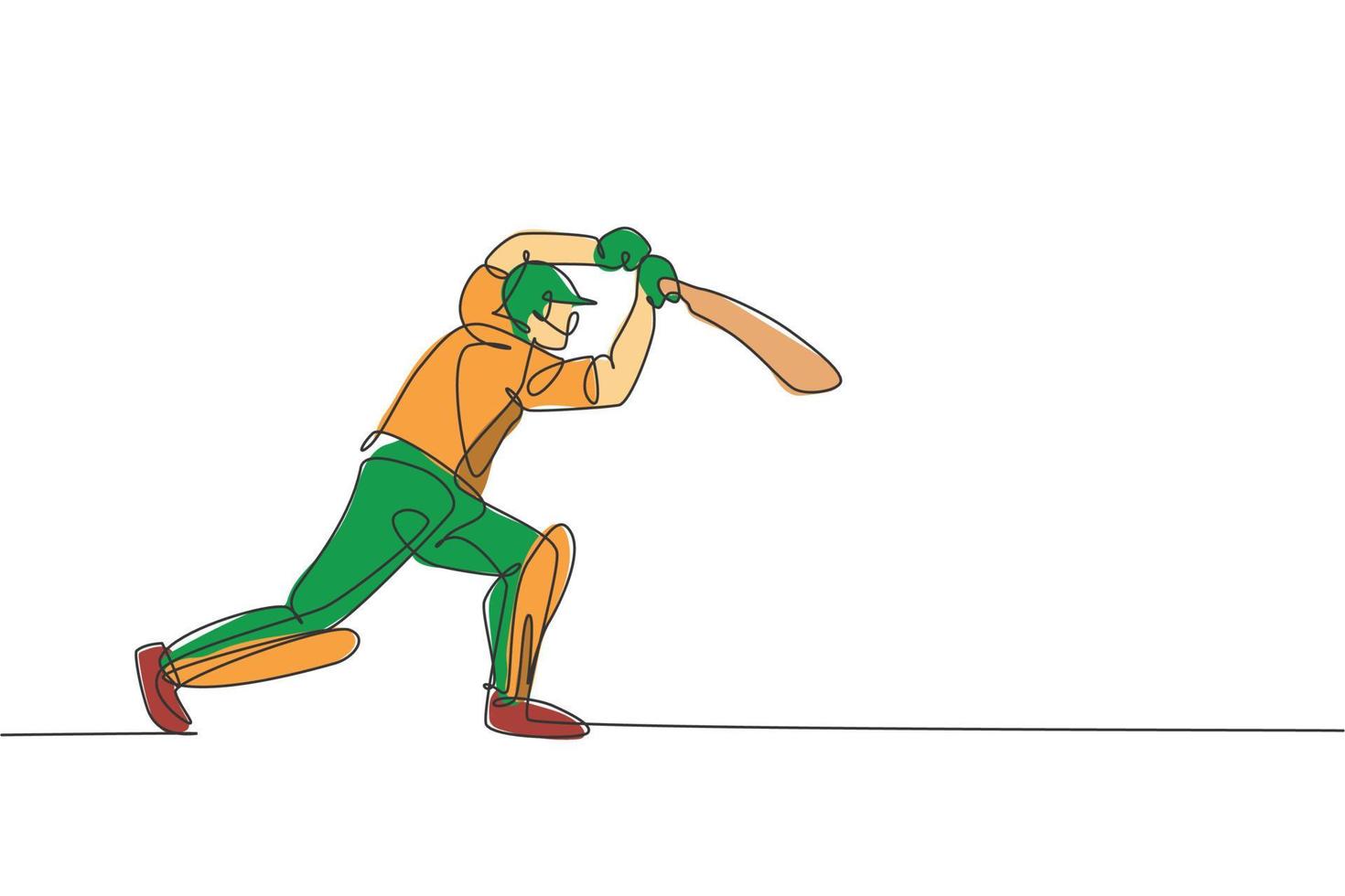 en enda linjeteckning av ung energisk man cricketspelare som står för att slå bollen vektorillustration. tävlingsidrottskoncept. modern kontinuerlig linje ritning design för cricket konkurrens banner vektor