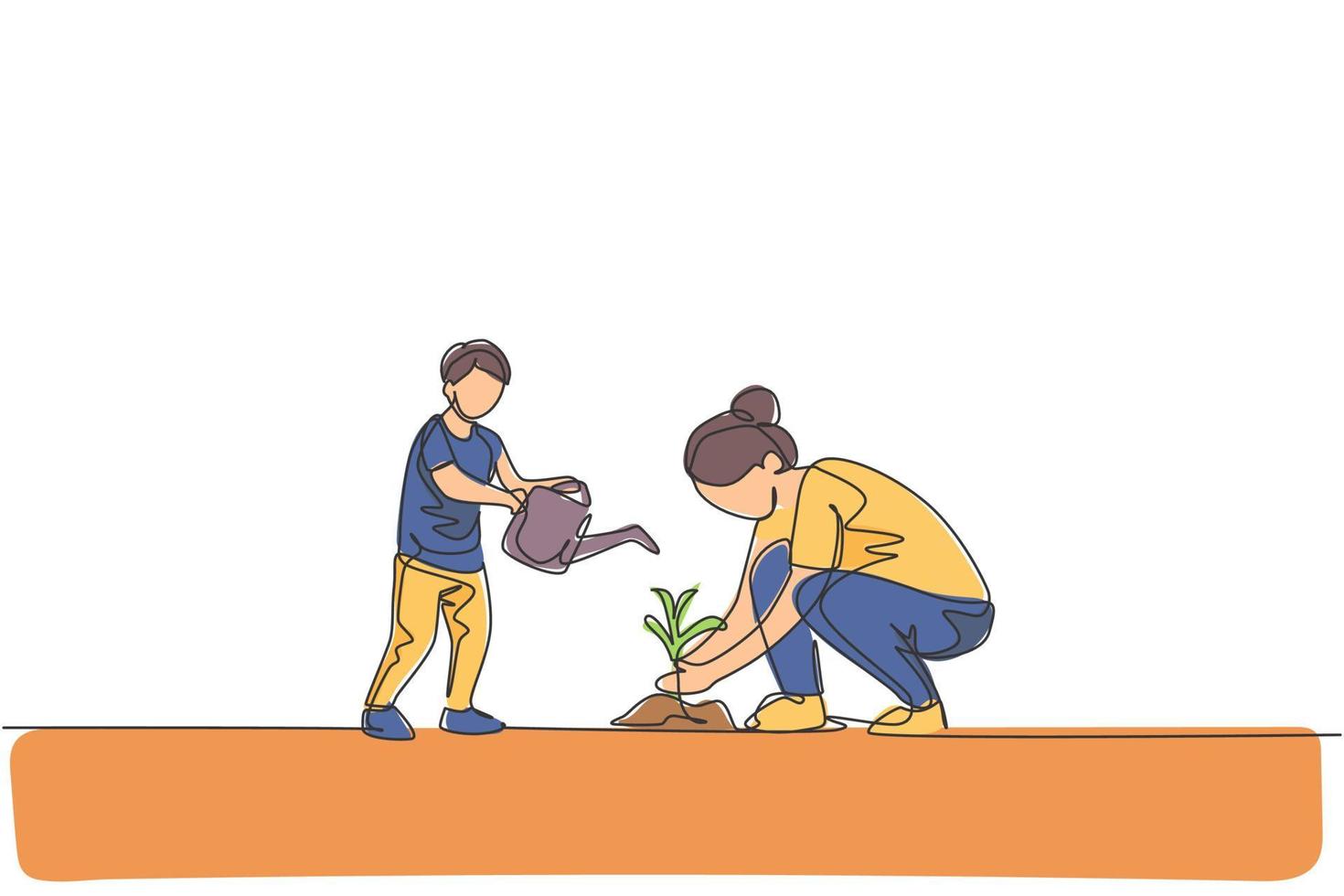 Eine einzige Strichzeichnung der jungen Mutter bringt ihrem Sohn das Pflanzen bei, während das Kind eine Pflanze in der heimischen Gartenvektorillustration gießt. glückliches elterliches lernkonzept. modernes Design mit durchgehender Linienführung vektor