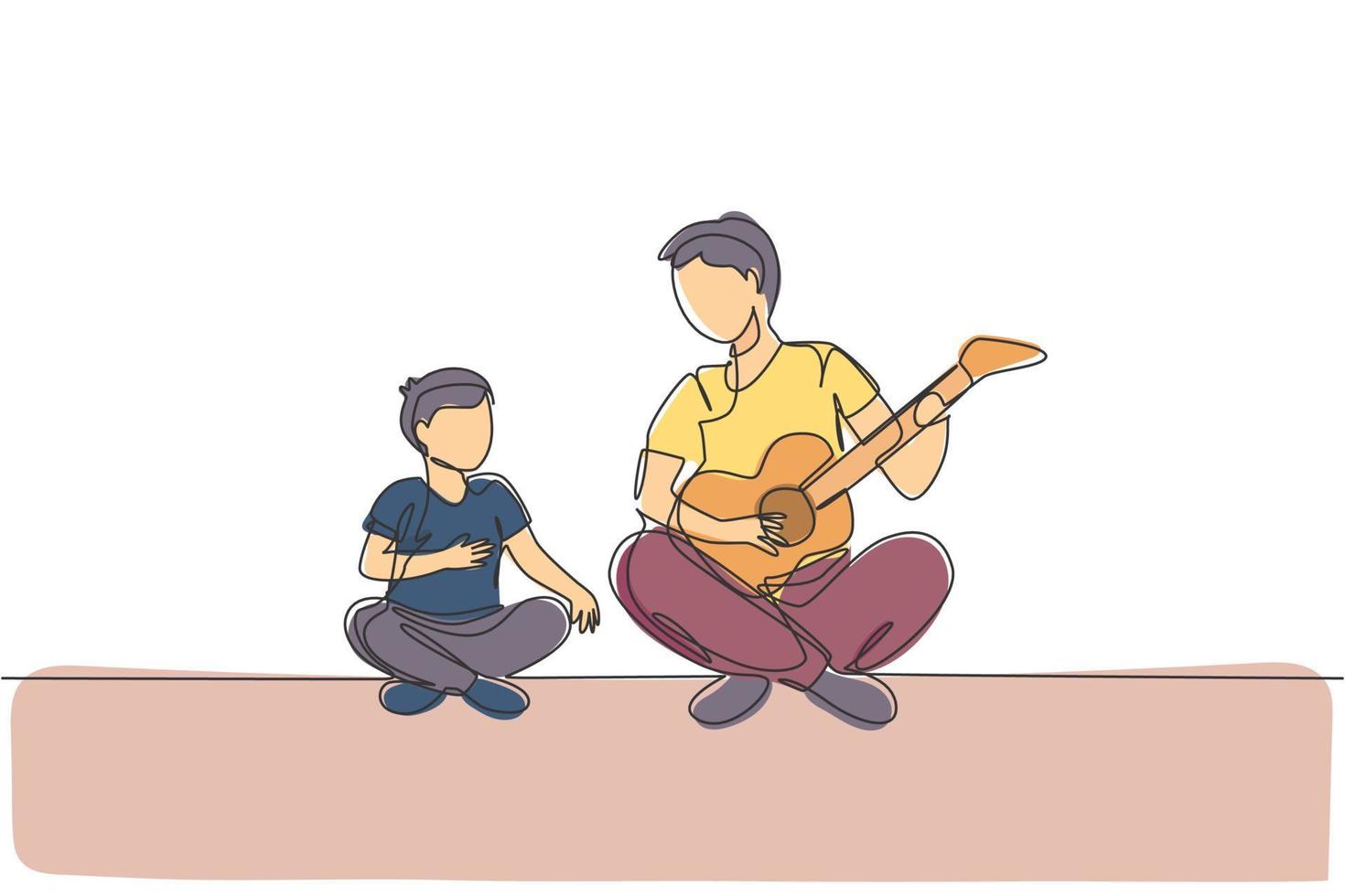 Eine durchgehende Strichzeichnung des jungen Vaters, der Gitarre spielt und zusammen mit seinem Sohn zu Hause glücklich singt. glückliches familienelternschaftskonzept. dynamische einzeilige Zeichnungsdesign-Vektorgrafikillustration vektor