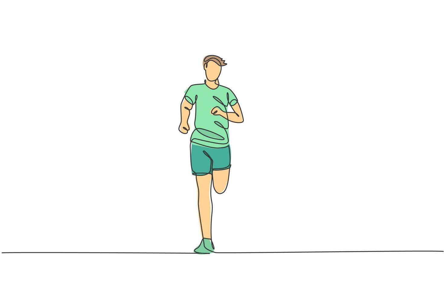 Single kontinuierlich Linie Zeichnung von jung glücklich Gesundheit Läufer Mann Laufen beim Lauf Schiene. Spaß Sport Joggen und gesund Lebensstil Kunst Konzept. modisch einer Linie zeichnen Design Grafik Vektor Illustration