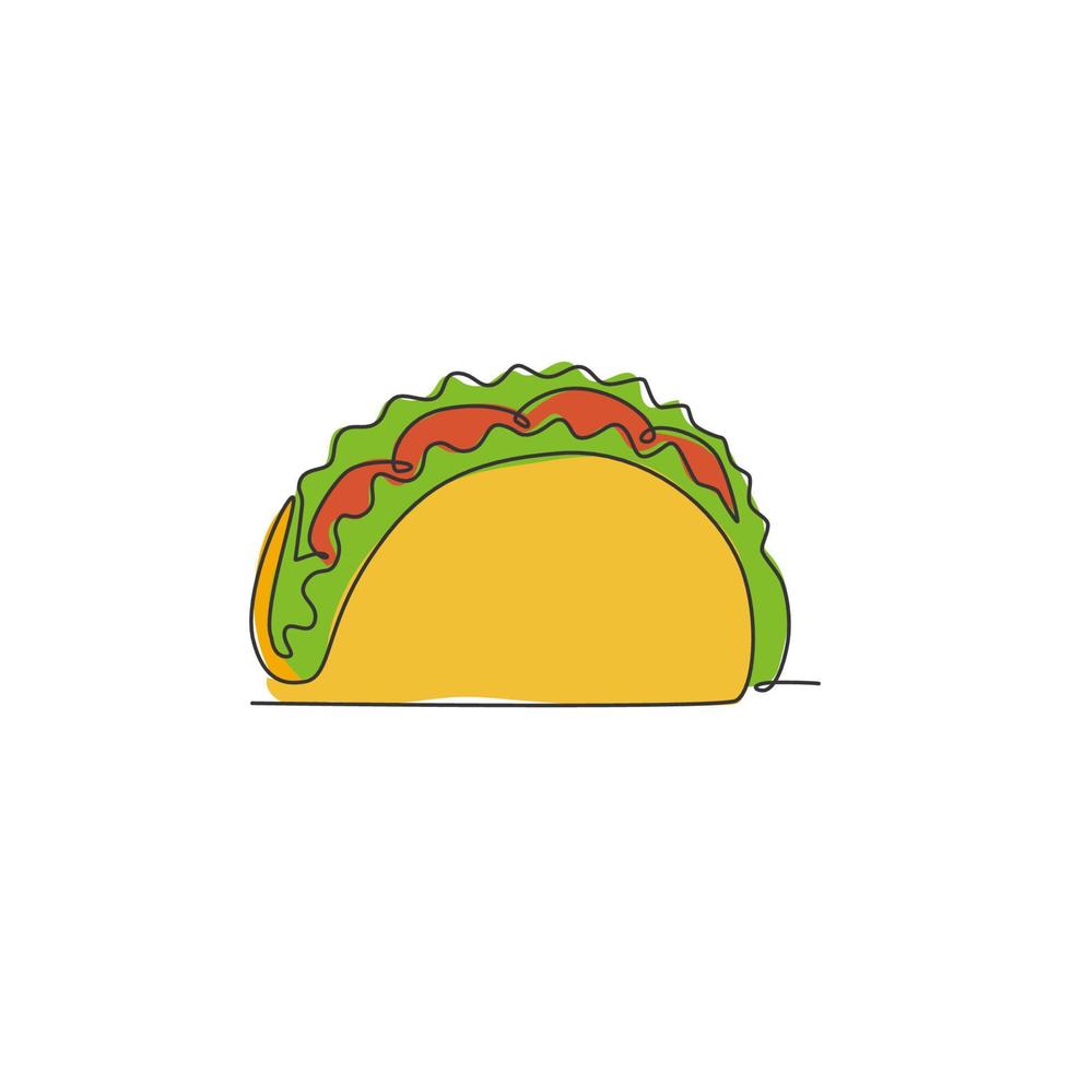 eine einzelne strichzeichnung der grafischen vektorillustration des frischen mexikanischen taco-logos. fast-food-mexiko-café-menü und restaurant-abzeichen-konzept. modernes Street-Food-Logo mit durchgehender Linienführung vektor