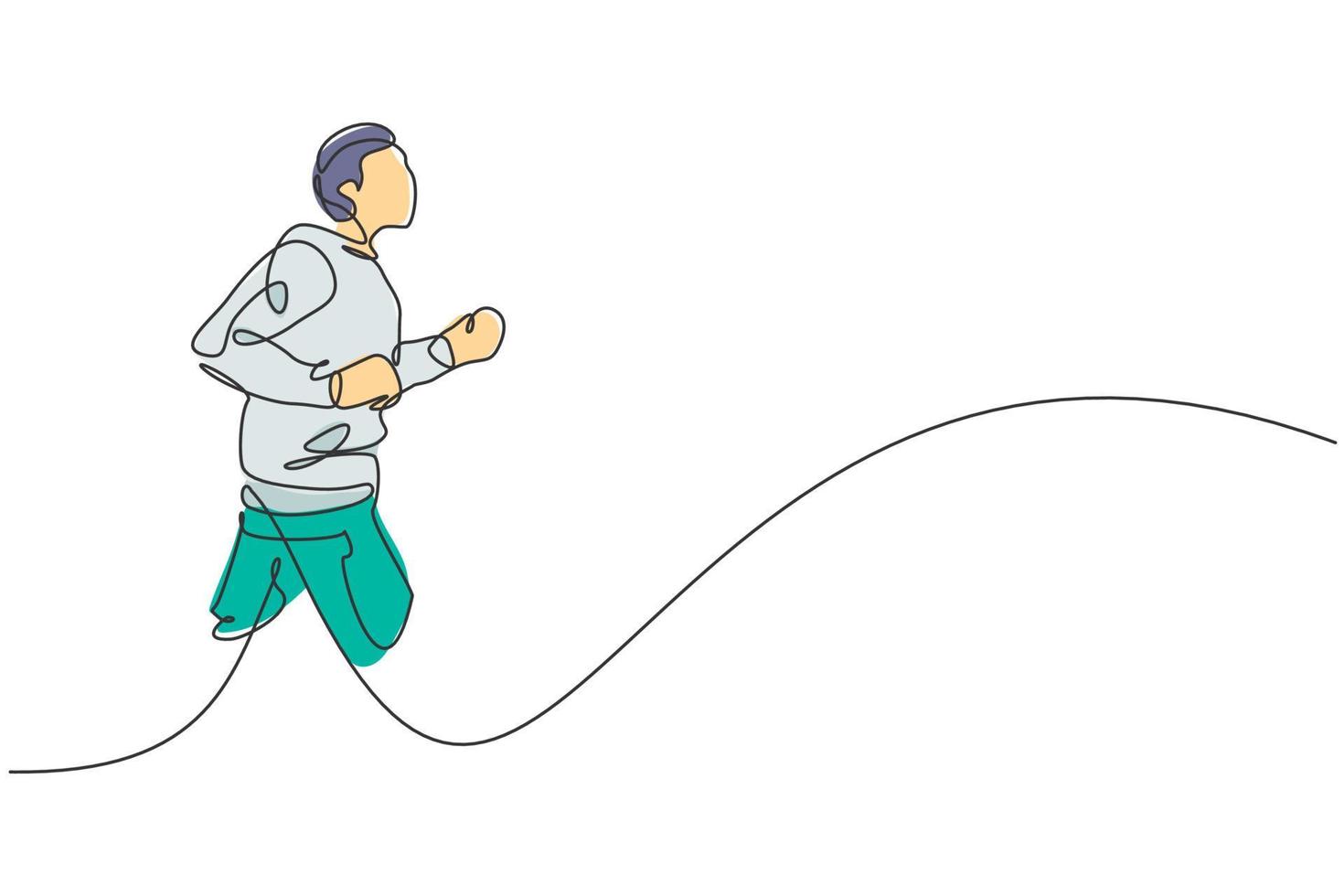 Single Continuous Line Drawing Young Agile Man Runner Laufen Sie ruhig und entspannen Sie sich im Outdoor-Park. gesundes lebensstilkonzept. trendige einzeilige grafikdesign-vektorillustration für die laufförderung vektor