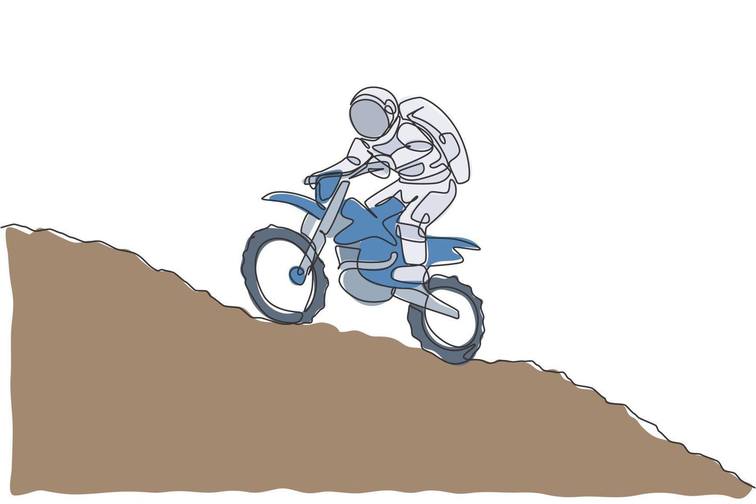 einzelne durchgehende Strichzeichnung des Astronauten-Übungs-Motocross-Tricks auf der Mondoberfläche. Weltraumastronomie Galaxie Sportkonzept. trendige Grafik mit einer Linie zeichnen Design-Vektor-Illustration vektor