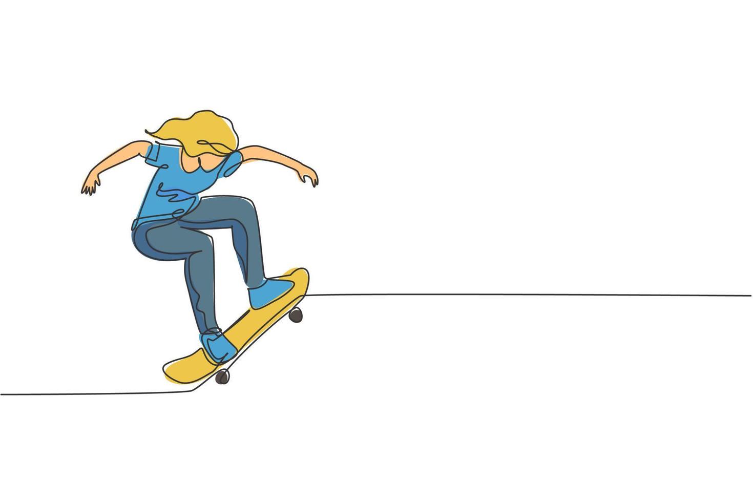 eine durchgehende Strichzeichnung einer jungen coolen Skateboarderin, die Skateboard fährt und einen Trick im Skatepark macht. extremes Teenager-Sportkonzept. dynamische einzeilige Grafikdesign-Vektorillustration vektor