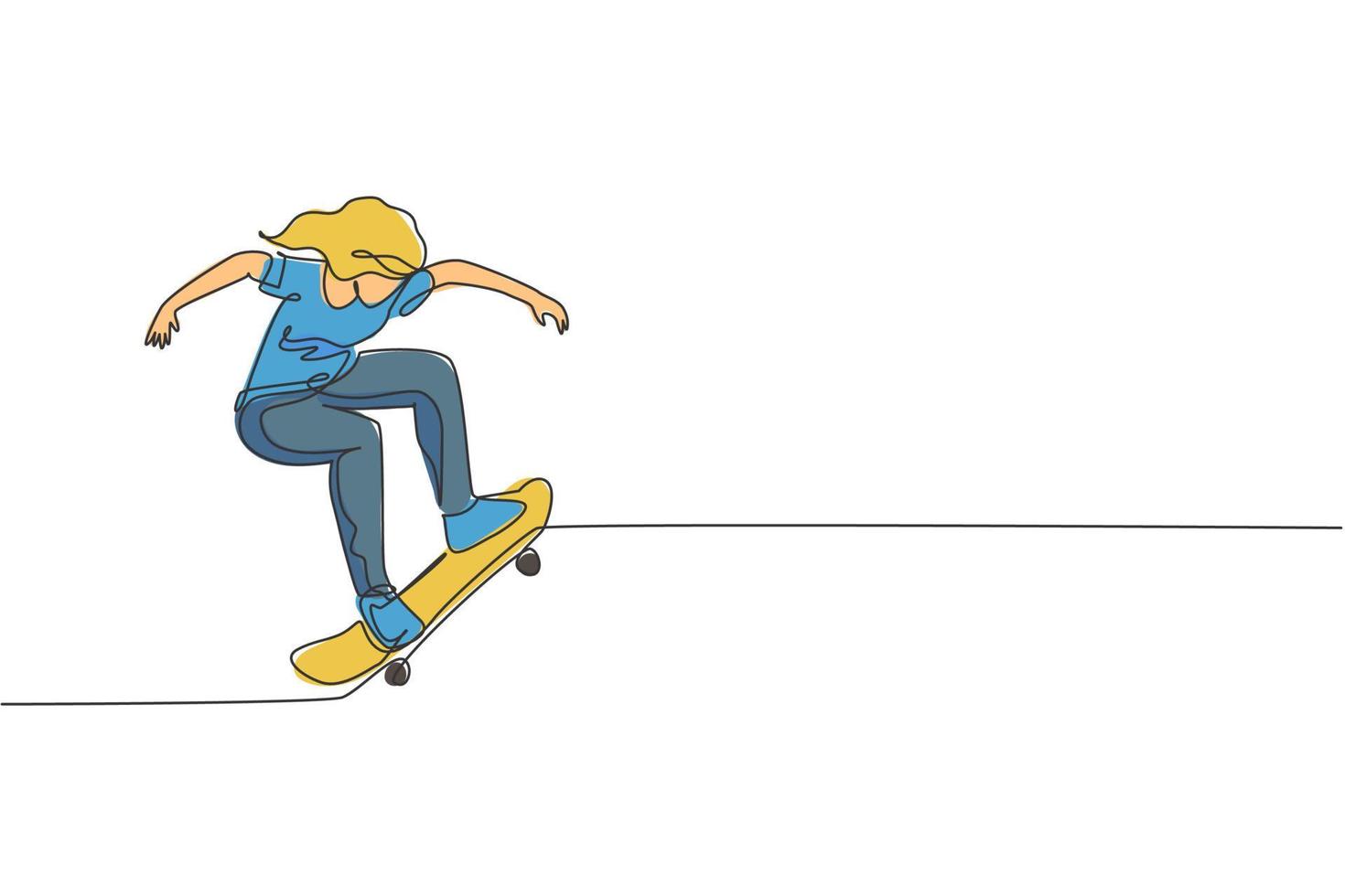 en kontinuerlig linjeteckning av ung cool skateboardåkare kvinna som rider skateboard gör ett trick i skatepark. extrem tonåring sport koncept. dynamisk en rad rita grafisk design vektorillustration vektor
