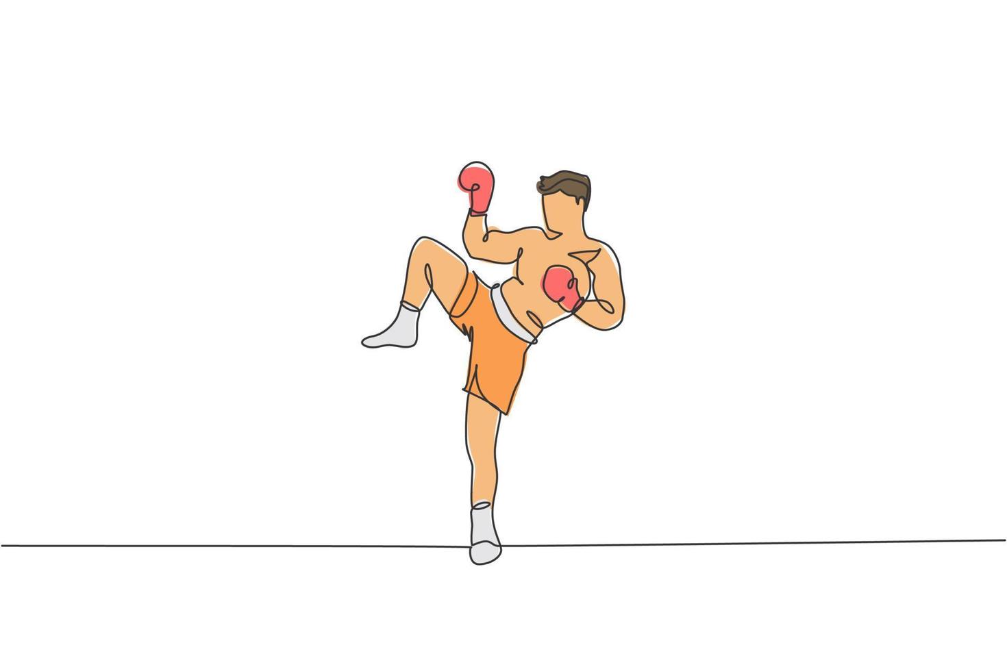 en kontinuerlig linjeteckning av ung sportig muay thai boxerman som förbereder sig för att slåss, ställningspark på boxarenan. fighting sport spelkoncept. dynamisk enda rad rita design vektorillustration grafik vektor