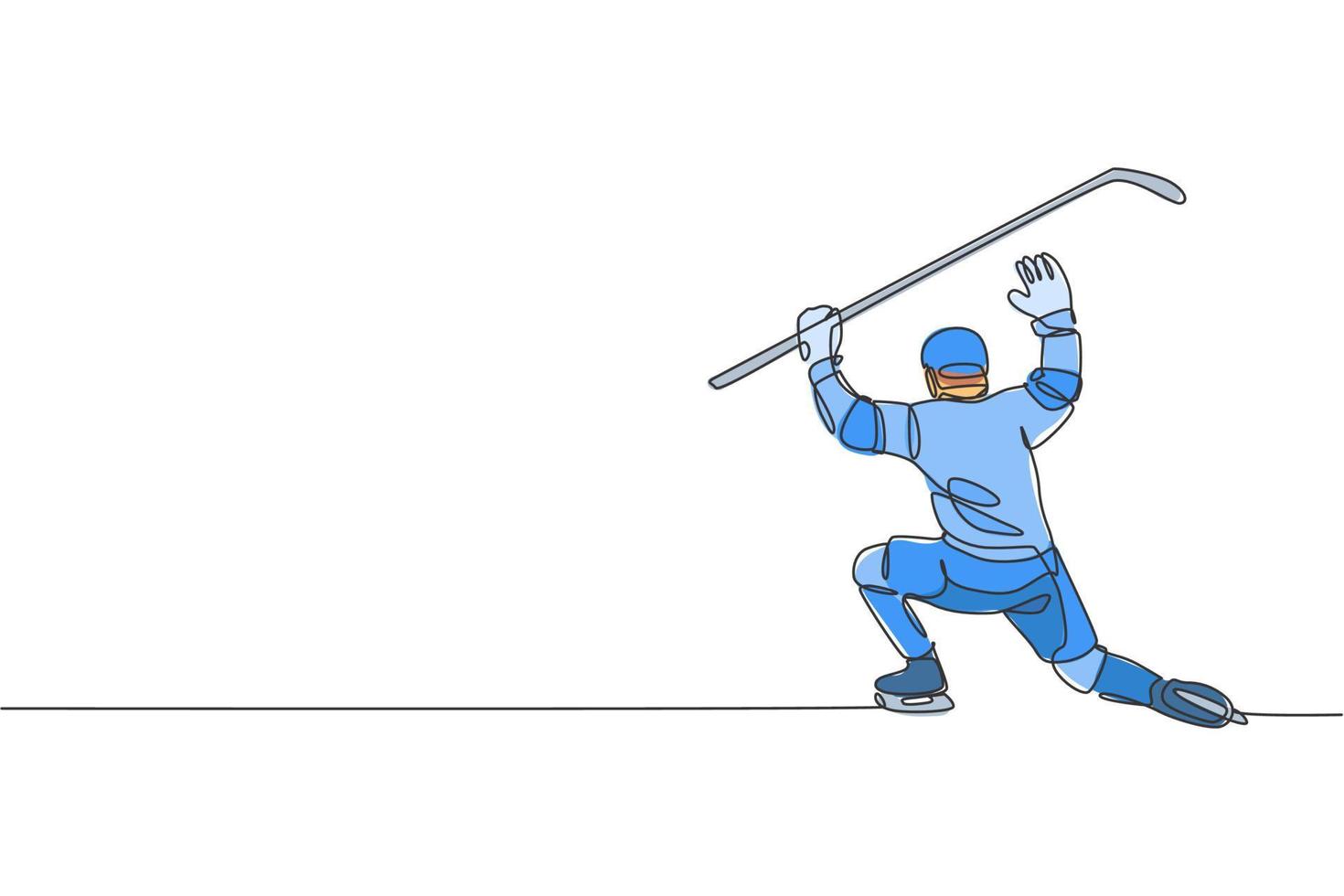 Eine einzige durchgehende Linienzeichnung des jungen professionellen Eishockeytorwarts blockiert den Puckschuss und die Verteidigung auf der Eisbahn. extremes wintersportkonzept. trendige einzeilige zeichnen design-vektorillustration vektor