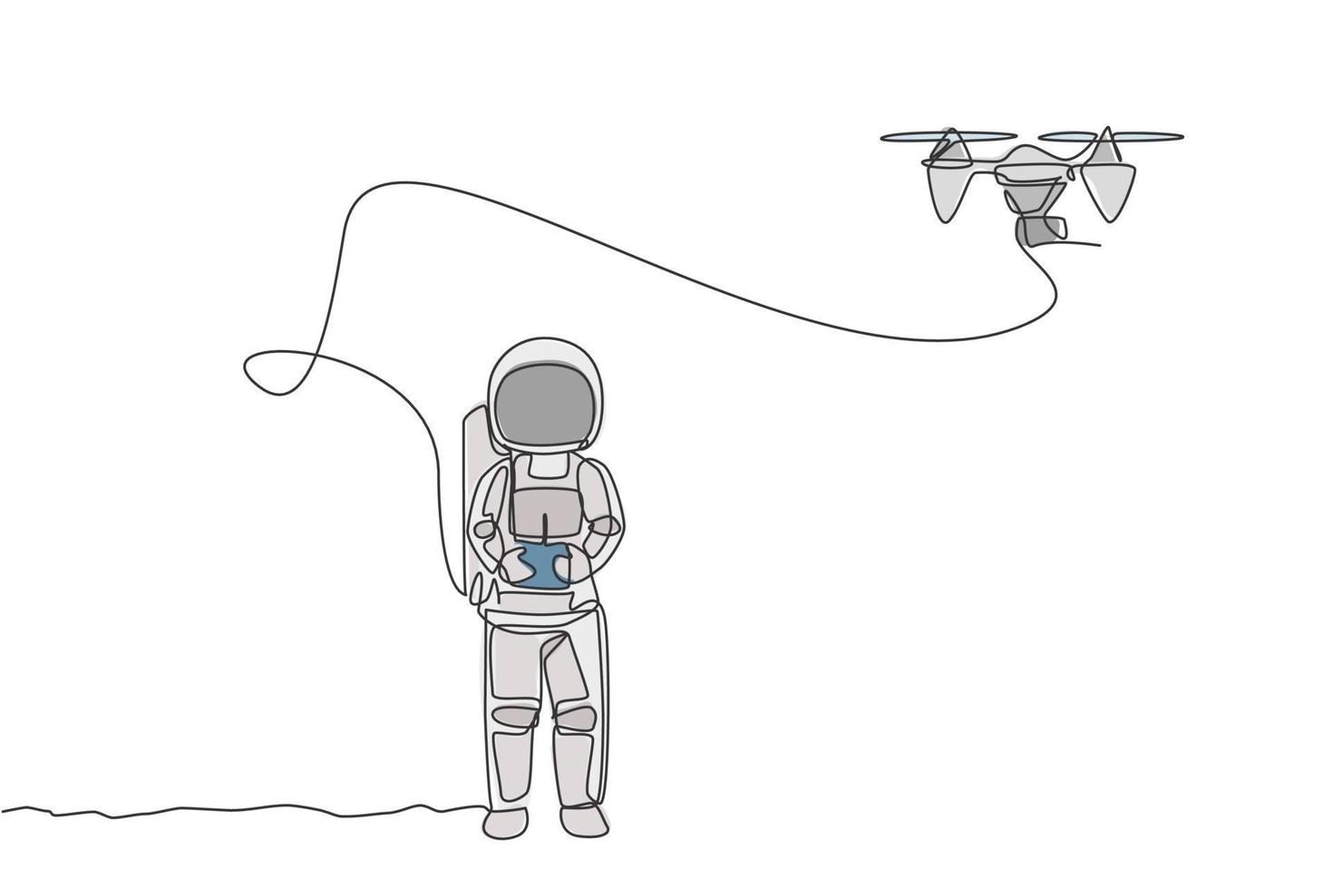 Ein einziger Strichzeichnungs-Astronaut, der Drohnenflugzeug-Funksteuerung in Mondland-Grafikvektorillustration spielt. Hobby während der Freizeit im Weltraumkonzept machen. modernes Design mit durchgehender Linienführung vektor