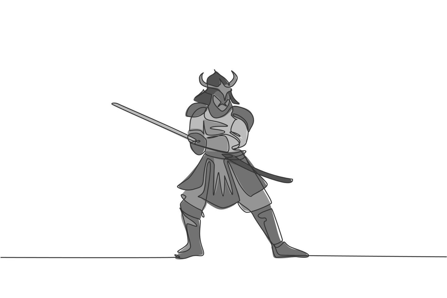 en kontinuerlig linjeteckning av ung modig samurai shogun som bär mask redo att attackera på träningspasset. kampsport stridssport koncept. dynamisk enda rad rita design vektorillustration vektor