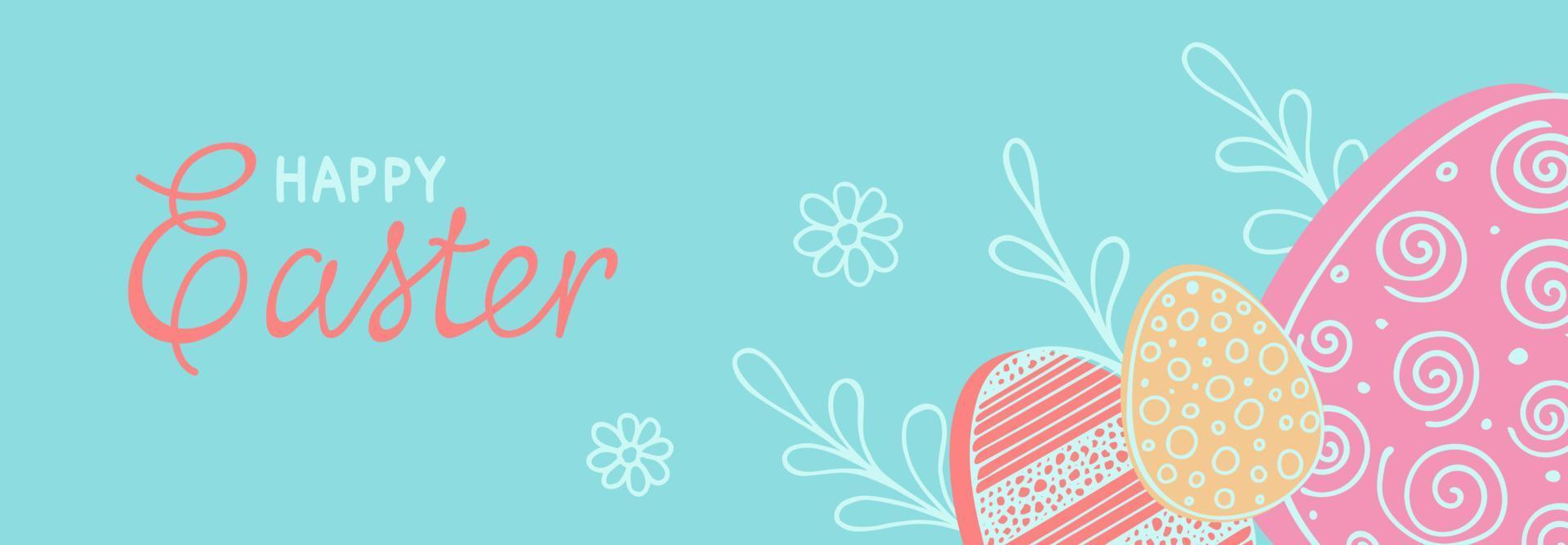 glücklich Ostern Banner. Hand gezeichnet Vektor Illustration mit Eier, Zweige, Blumen und Beschriftung zum paty Ostern Design im Pastell- Farben. gut zum horizontal Poster, Gruß Karte, Header zum Webseite.