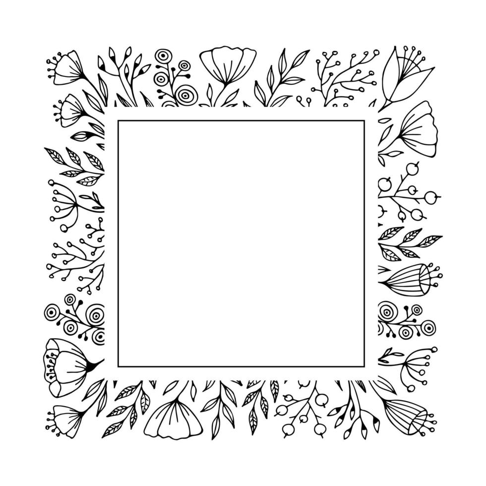 Platz Rahmen mit Gekritzel von Blumen und Kräuter. Hand gezeichnet einfarbig Vektor Illustration zum Gruß Karte und Einladung.