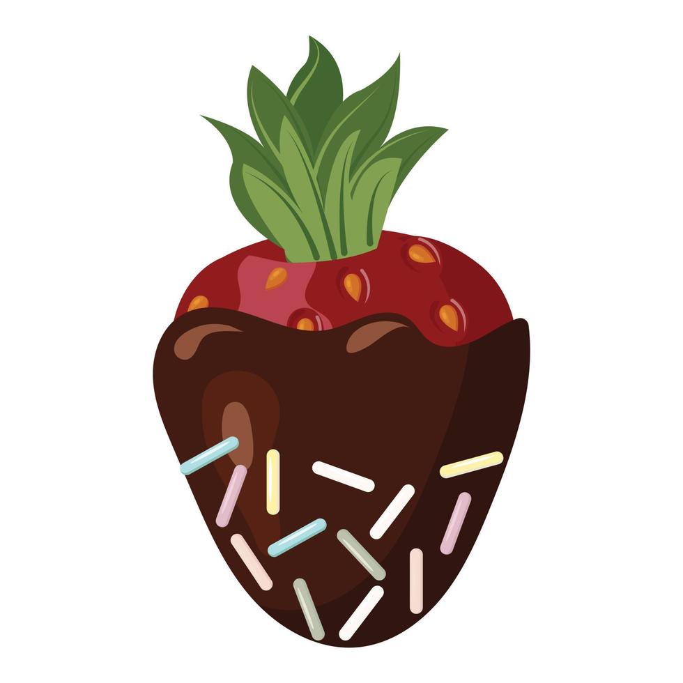 Erdbeeren im dunkel Schokolade dekoriert mit mehrfarbig länglich geformt Zucker Sträusel. Vektor Illustration isoliert auf Weiß Hintergrund.