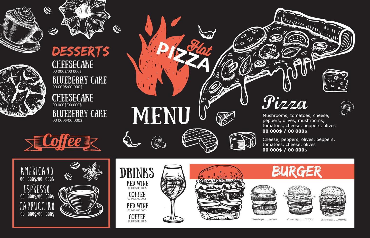 Adobe Illustrator kunstwerkpizza Essen Speisekarte, Restaurant, Cafe, Vorlage Design. Hand gezeichnet Illustrationen, Essen Flyer. vektor