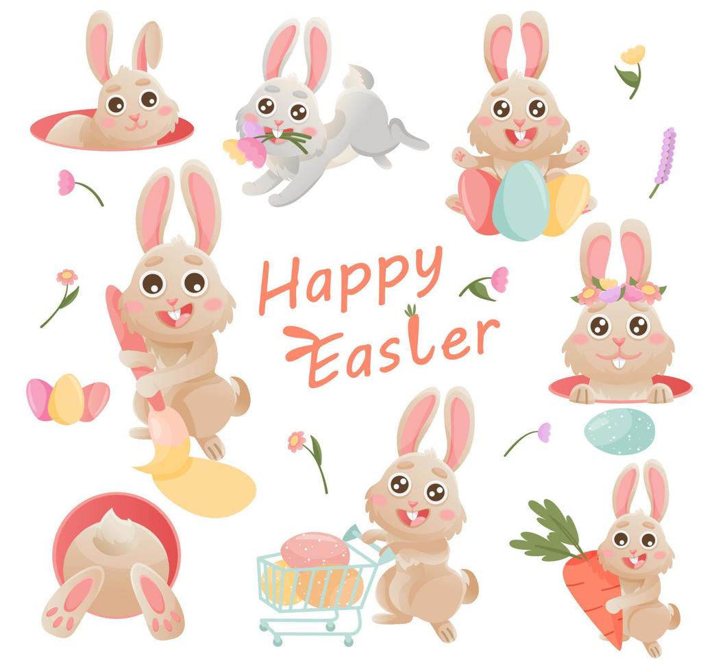 Lycklig påsk stor uppsättning med söt kanin, ägg, blommor. vektor kanin karaktär uppsättning. djur- vilda djur och växter högtider tecknad serie