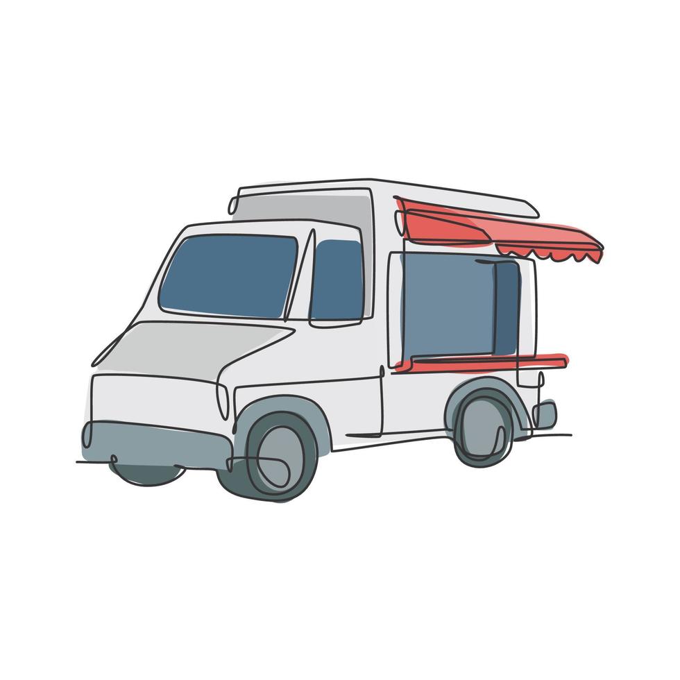 eine durchgehende Linie, die einen fröhlichen Imbisswagen für das Emblem des Festival-Logos zeichnet. Vintage Van Fast Food Mobile Café Shop Logo Vorlage Konzept. moderne grafische Vektorillustration des einzeiligen Zeichnens des Designs vektor