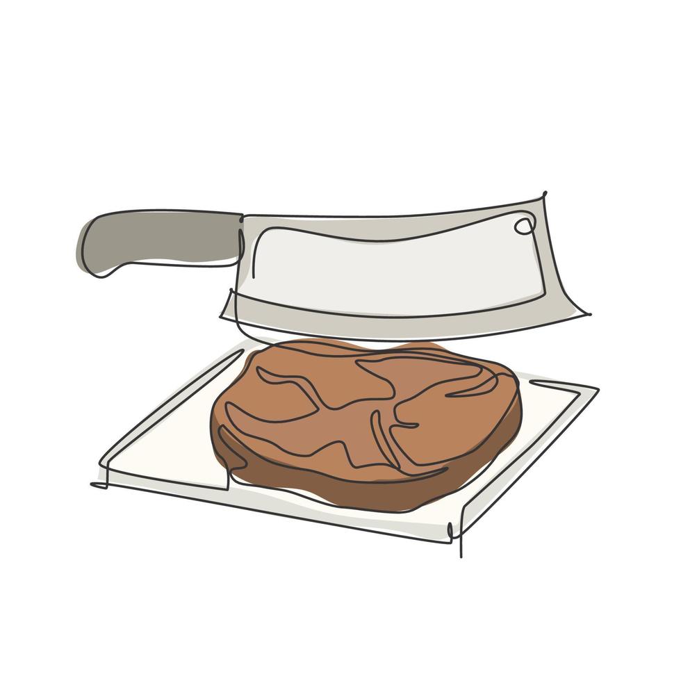 eine durchgehende Strichzeichnung von frischem, köstlichem Rindersteak auf einer heißen Platte mit großem Messer. Steak-Restaurant-Logo-Vorlage-Konzept. moderne einzeilige Zeichnungsdesignvektor-Illustrationsgraphik vektor