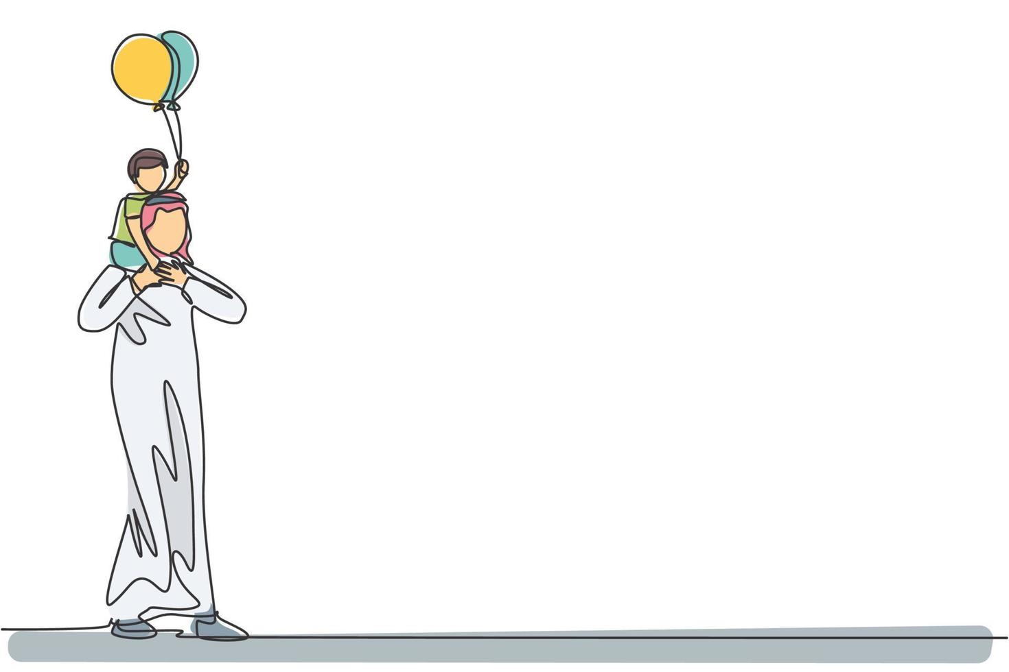 en kontinuerlig linjeteckning av den unga islamiska pappan håller sonen på axeln som håller en ballong tätt. lyckliga arabiska muslimska föräldraskap familjen koncept. dynamisk enkel linje rita design vektor illustration
