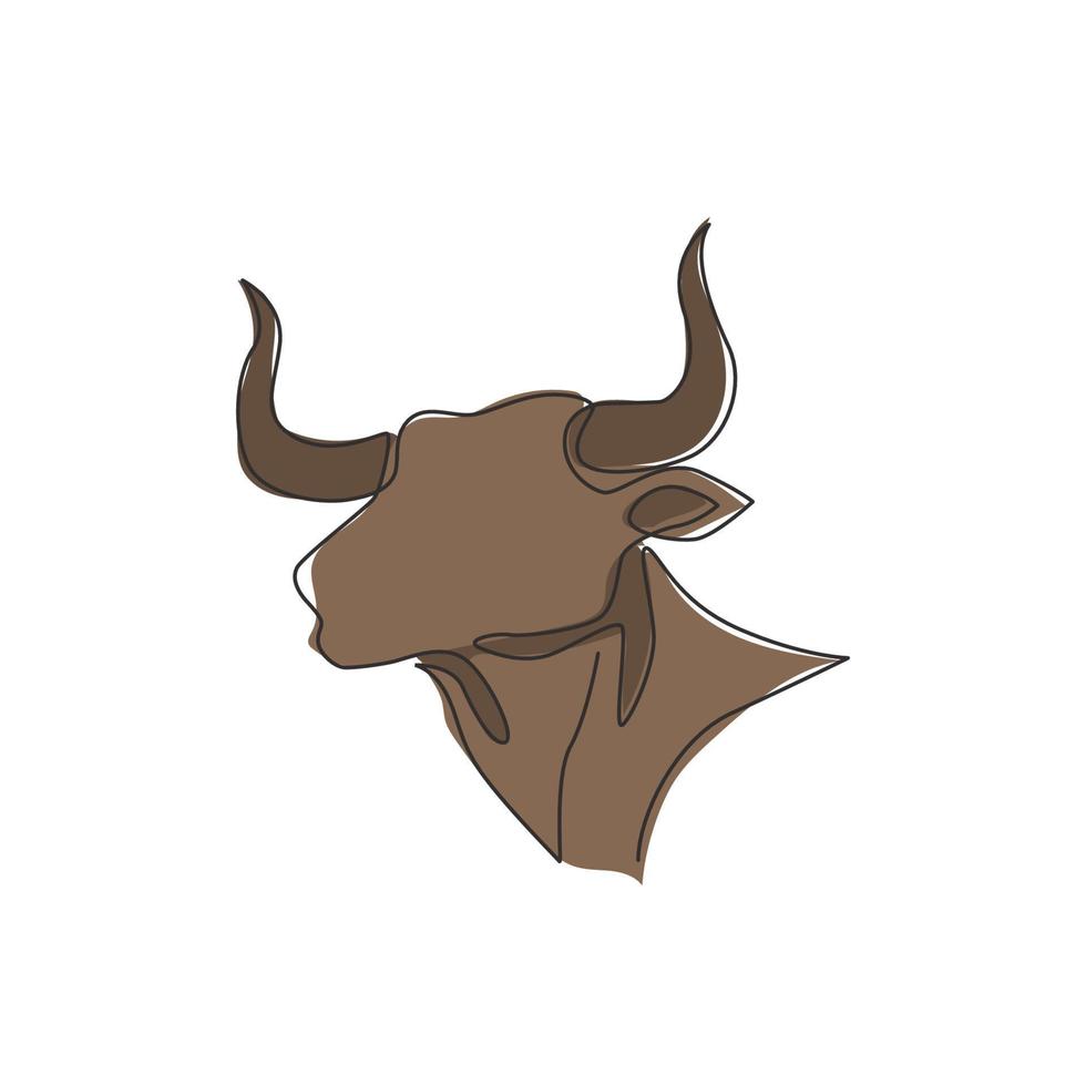 enda kontinuerlig linjeritning av eleganshuvudbuffel för multinationellt företags logotyp. lyxigt bull maskot koncept för matador show. trendiga en rad rita vektor grafisk design illustration