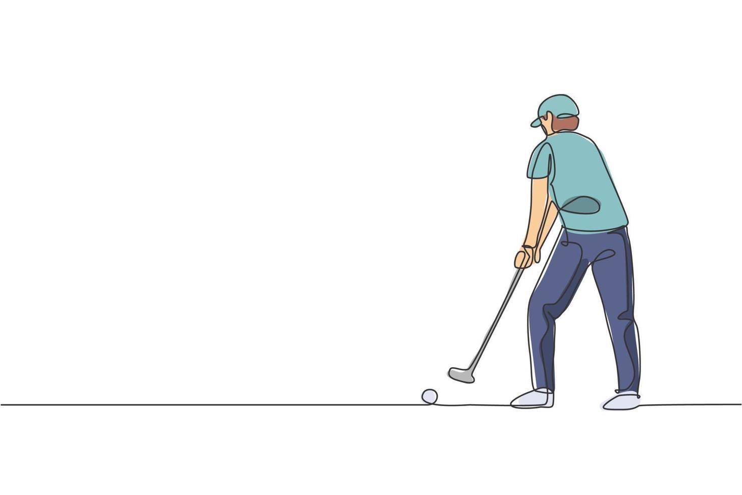 eine durchgehende strichzeichnung des jungen golfspielers schwingt den golfschläger und schlägt den ball. Freizeitsportkonzept. dynamische Single-Line-Draw-Design-Vektorgrafik-Illustration für Turnier-Promotion-Medien vektor