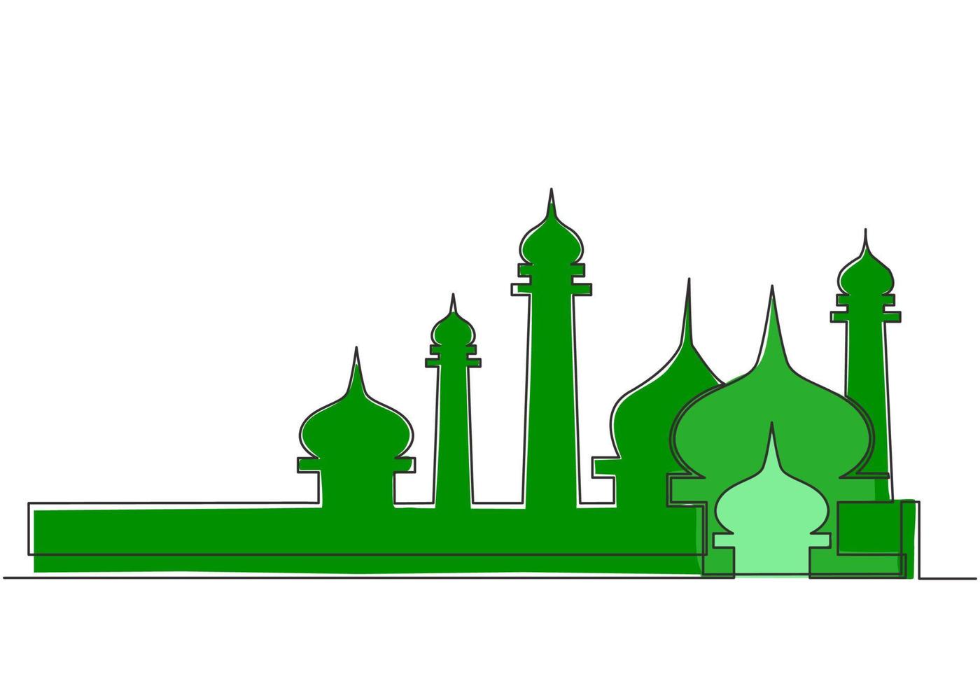 enda kontinuerlig linje teckning av moské, masjid kupol och masjid torn prydnad. eid al fitr mubarak och ramadan kareem hälsning kort begrepp ett linje dra design vektor illustration