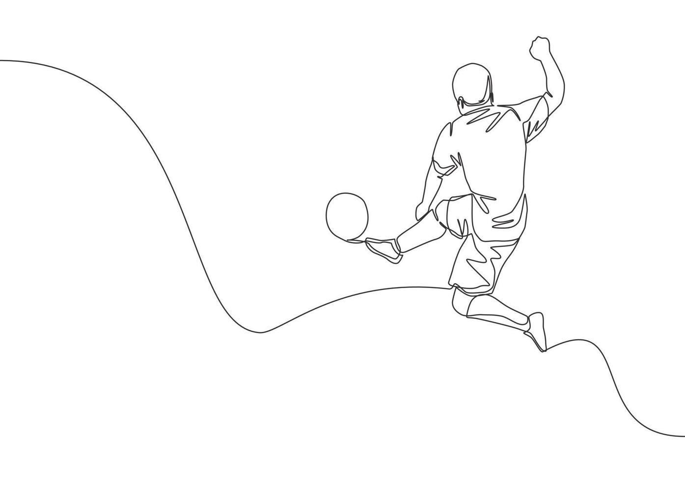 einer kontinuierlich Linie Zeichnung von jung energisch Fußball Angreifer treten das Ball Ja wirklich schwer zu das Ziel. Fußball Spiel Sport Konzept. Single Linie zeichnen Design Vektor Illustration