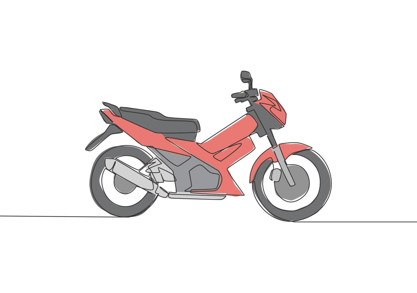 ett enda linje teckning av asiatisk underbenet motorcykel logotyp. urban rida motorcykel begrepp. kontinuerlig linje dra design vektor illustration