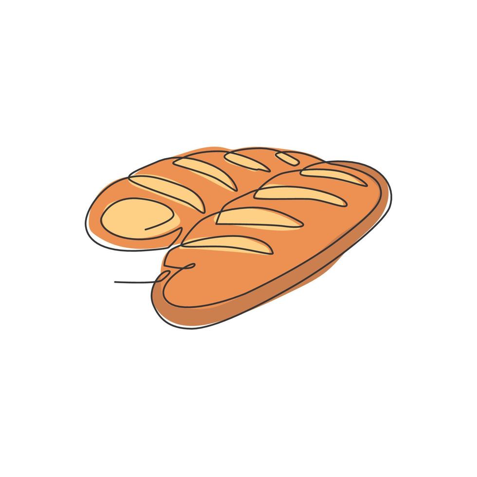 en kontinuerlig linjeritning av färskt läcker online franska långa tunna bröd butik logotyp emblem. hemgjorda baguetter butik logotyp mall koncept. moderna en rad rita design vektorillustration vektor