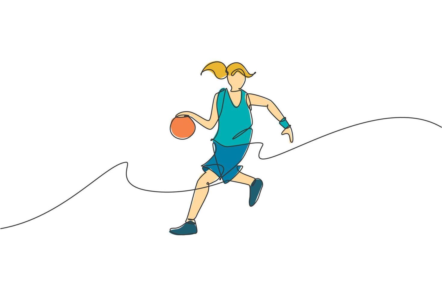 en kontinuerlig linjeteckning av ung smidig basketkvinnaspelare som dribblar bollen. lagarbete konkurrenskraftig sport koncept. dynamisk enda rad rita design vektorillustration för turneringsaffisch vektor