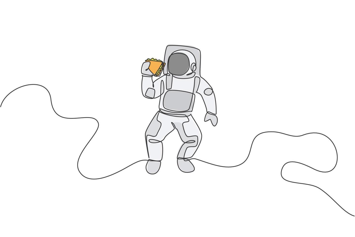 en enda radritning av astronaut som flyger i kosmosgalaxen medan han äter färsk smörgås grafisk vektorillustration. fantasi yttre rymden liv koncept. modern kontinuerlig linje rita design vektor