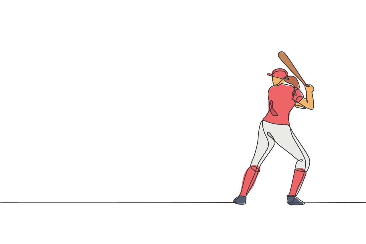 en kontinuerlig linjeteckning av ung sportig kvinna baseballspelare praxis att slå bollen på fältet. tävlingsidrottskoncept. dynamisk enda rad rita design vektor illustration för marknadsföring affisch