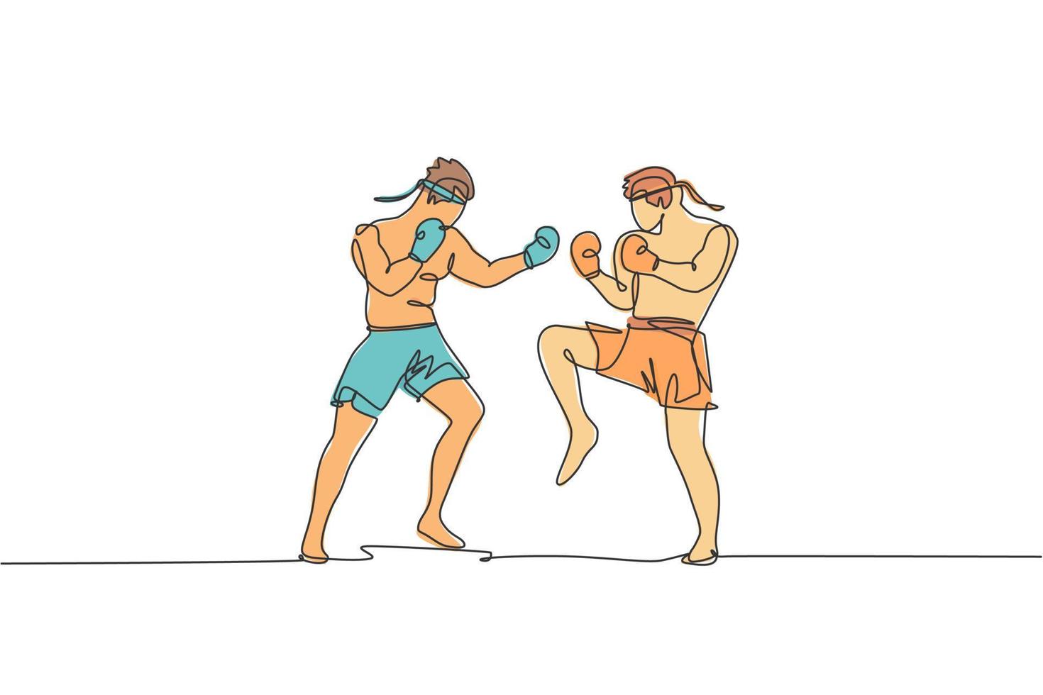 eine einzige strichzeichnung von zwei jungen energischen muay thai kämpfern sparring kämpfen im fitnessstudio fitnesscenter vektorillustration. kämpferisches thailändisches boxsportkonzept. modernes Design mit durchgehender Linie vektor