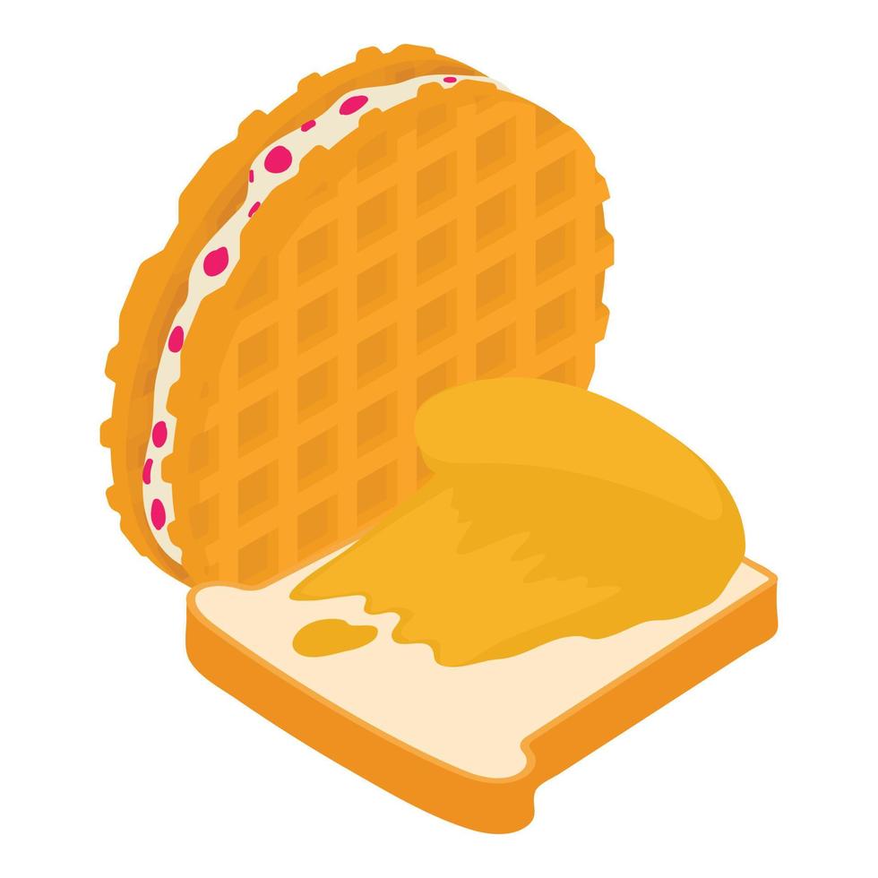 Dessert Symbol isometrisch Vektor. Erdnuss Butter Sandwich und runden Belgier Waffel vektor