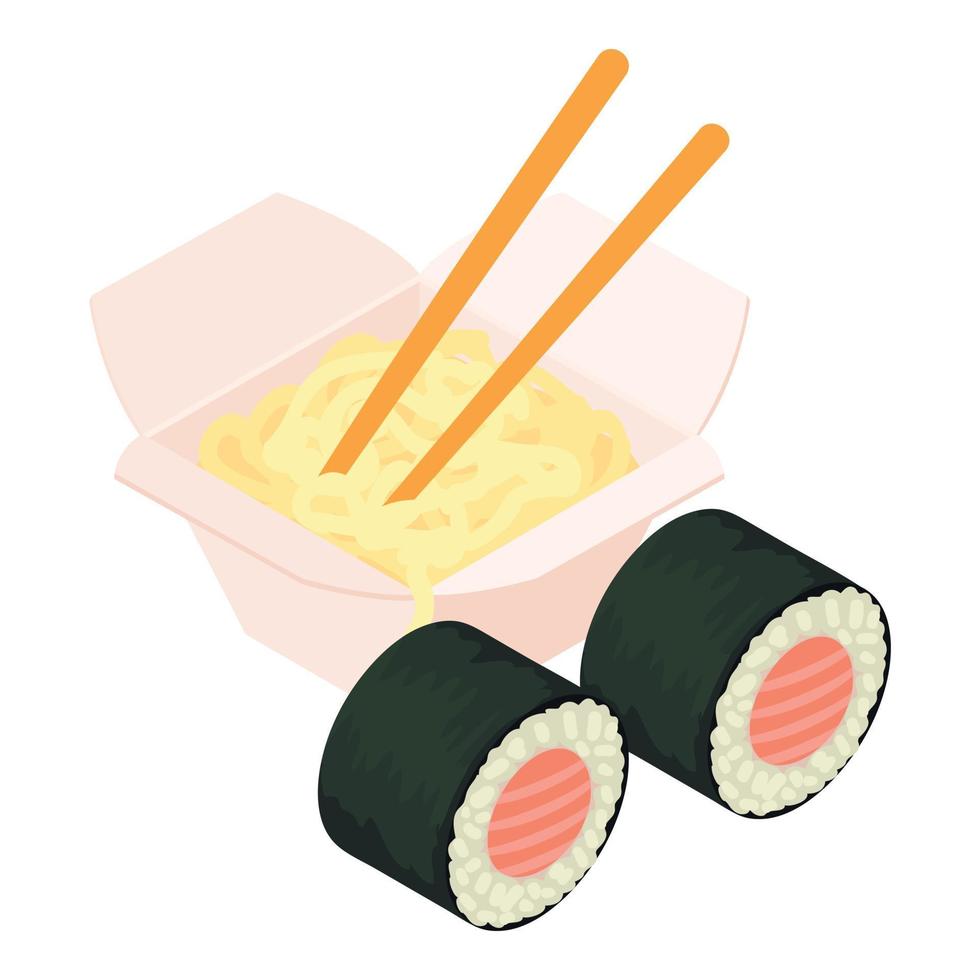 asiatisk mat ikon isometrisk vektor. färsk sushi rulla med lax och varm wok ikon vektor