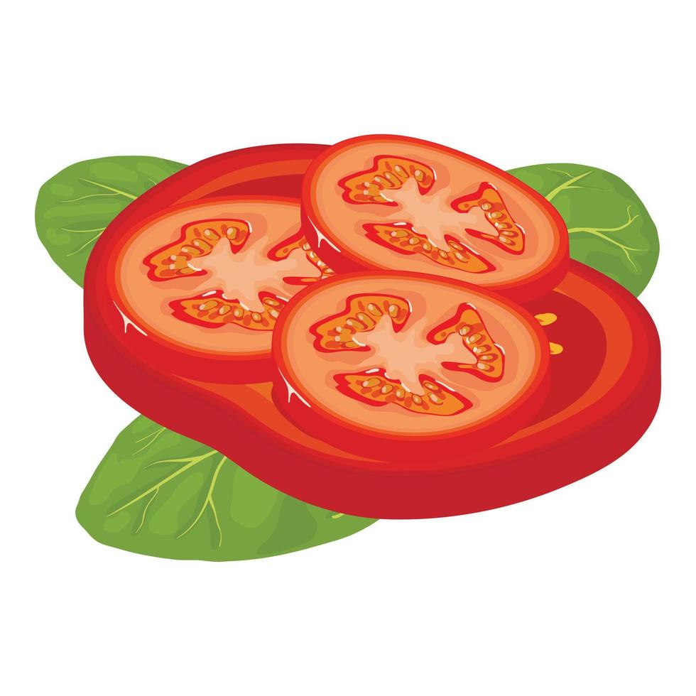 färsk vegetabiliska ikon isometrisk vektor. röd färsk tomat skiva och spenat blad vektor