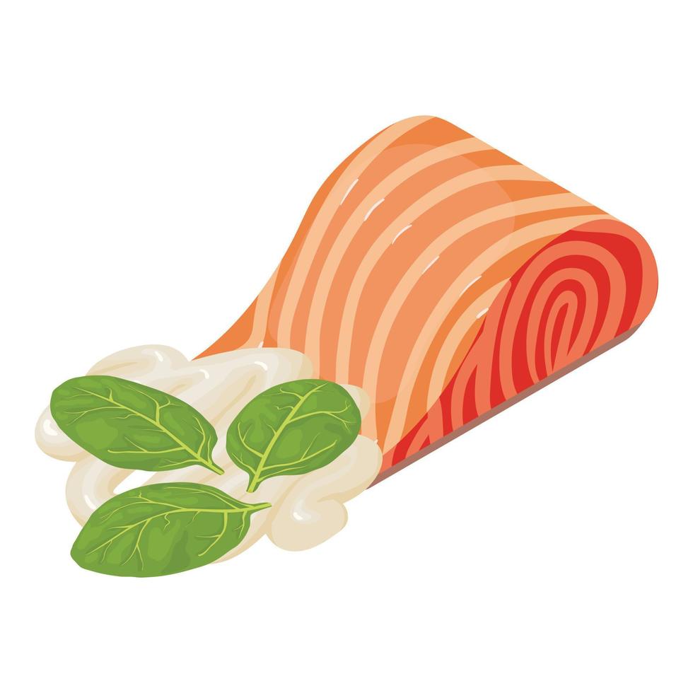 hav mat ikon isometrisk vektor. röd fisk bit majonnäs remsa och spenat ikon vektor