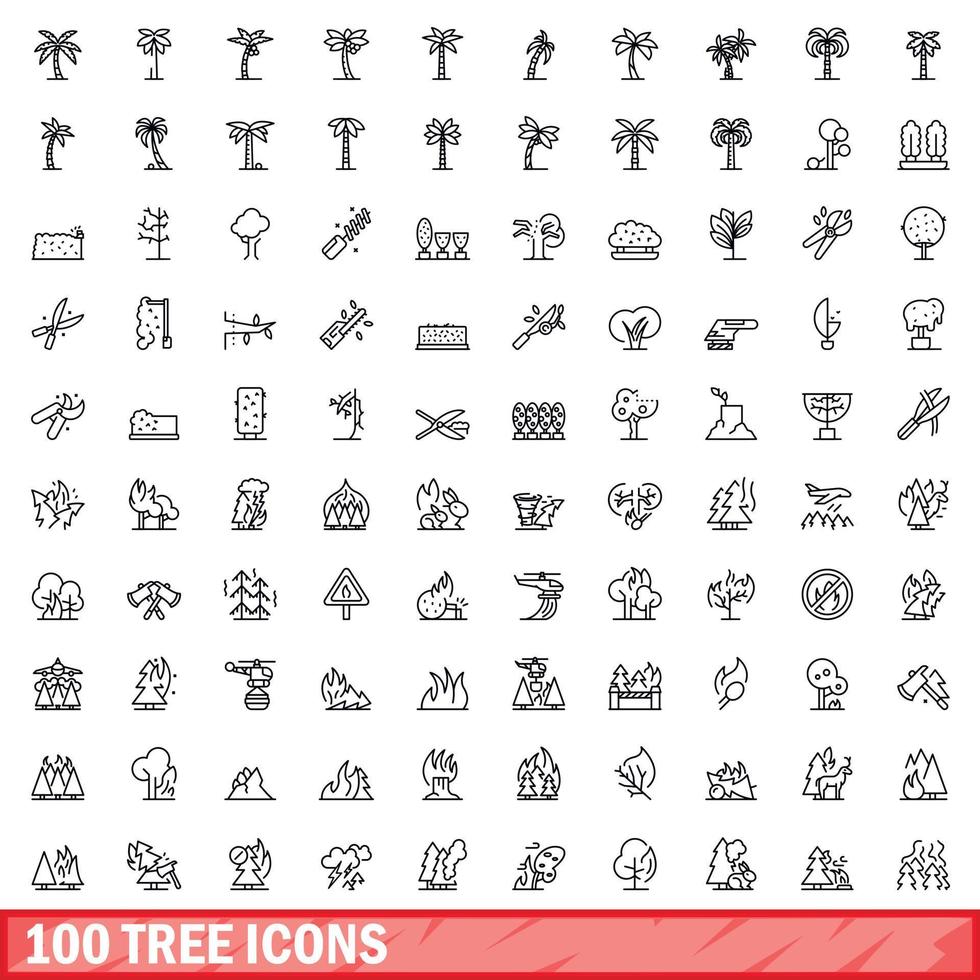 100 träd ikoner uppsättning, översikt stil vektor