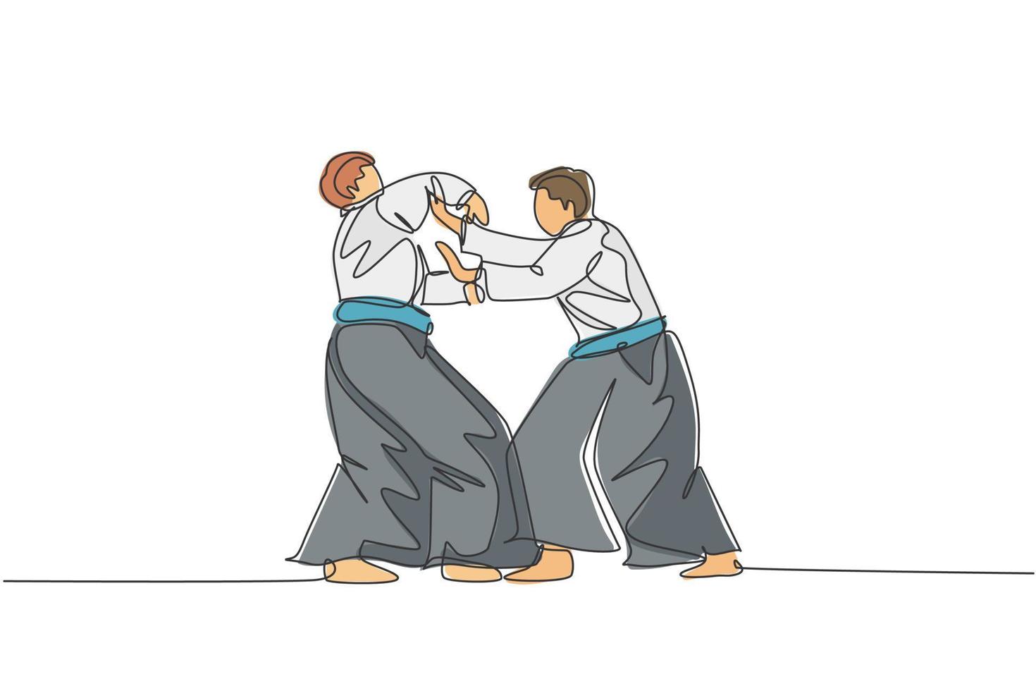 einzelne durchgehende Strichzeichnung von zwei jungen sportlichen Männern, die Kimono tragen, üben Aikido-Kampftechnik im Dojo-Zentrum. japanisches Kampfkunstkonzept. trendige einzeilige design-vektorillustration vektor